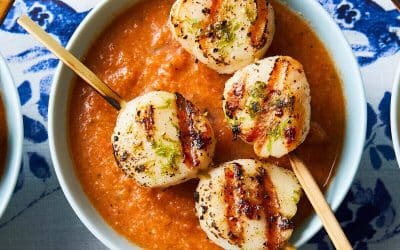 Gazpacho with Scallop Skewers